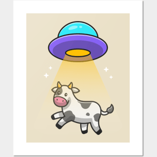 Cute Cow Sucked In UFO Spacecraft Cartoon Posters and Art